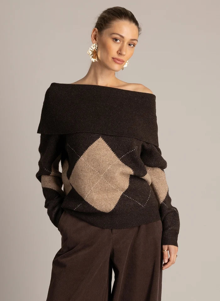Pull en maille brun avec motif losange - YEST