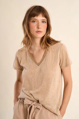 T-Shirt Col en V Beige & Or - Molly Bracken