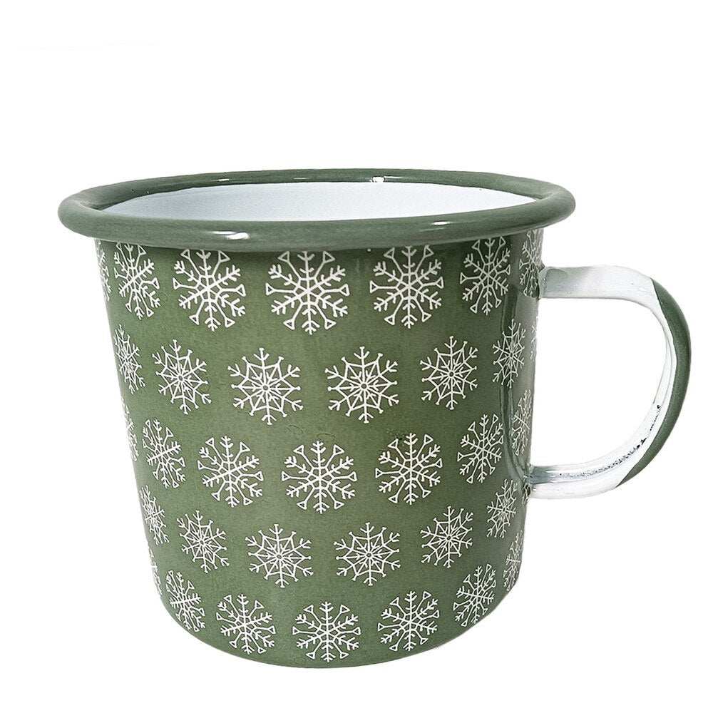 Mug en métal émaillé (10 cm) – vert, avec motifs de flocons de neige nordiques