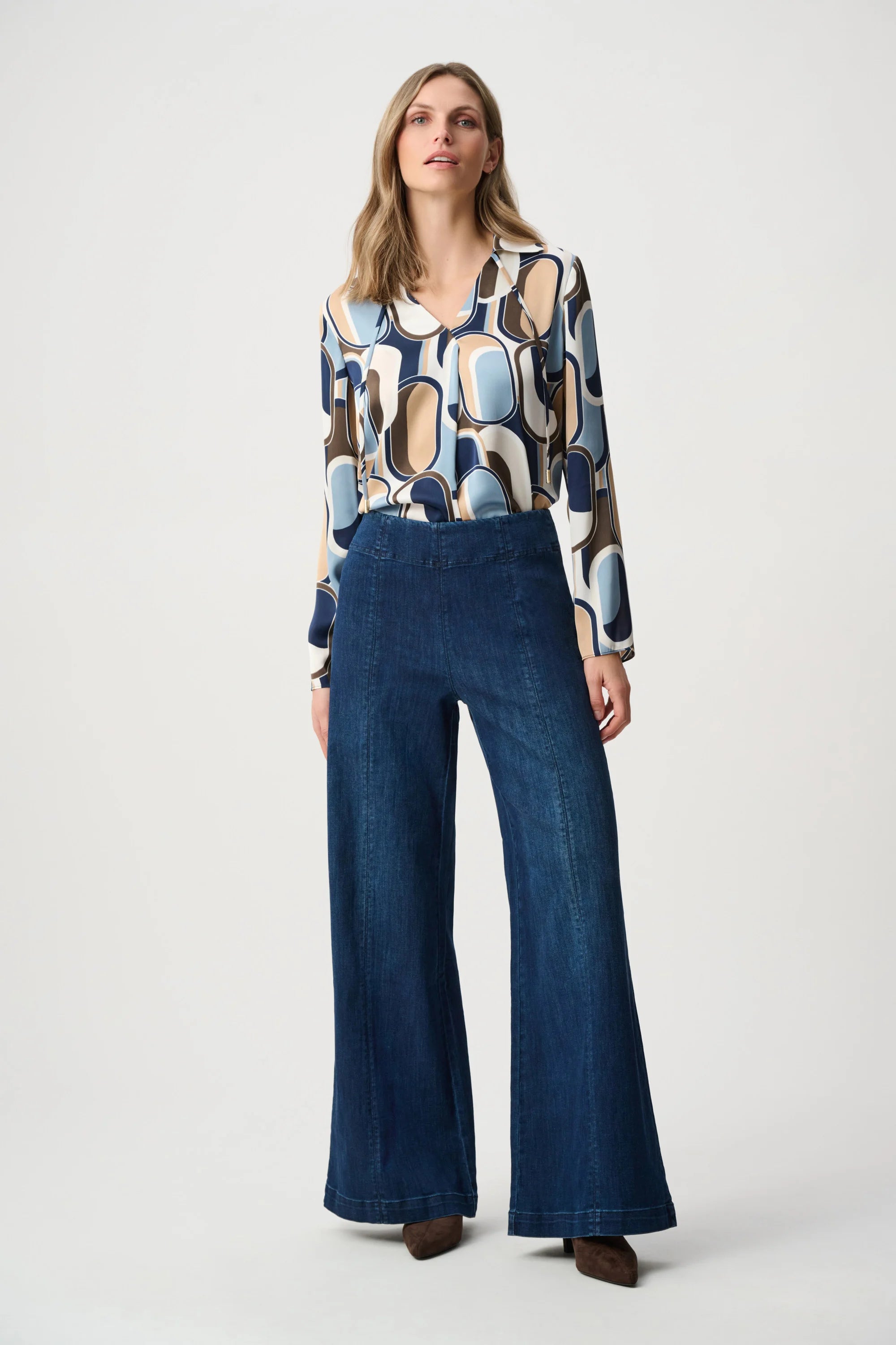 Jean à enfiler en denim Featherweave™ à taille haute et jambes style palazzo - Joseph Ribkoff