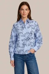 Chemisier bleu ciel  à imprimé floral marine - C & S