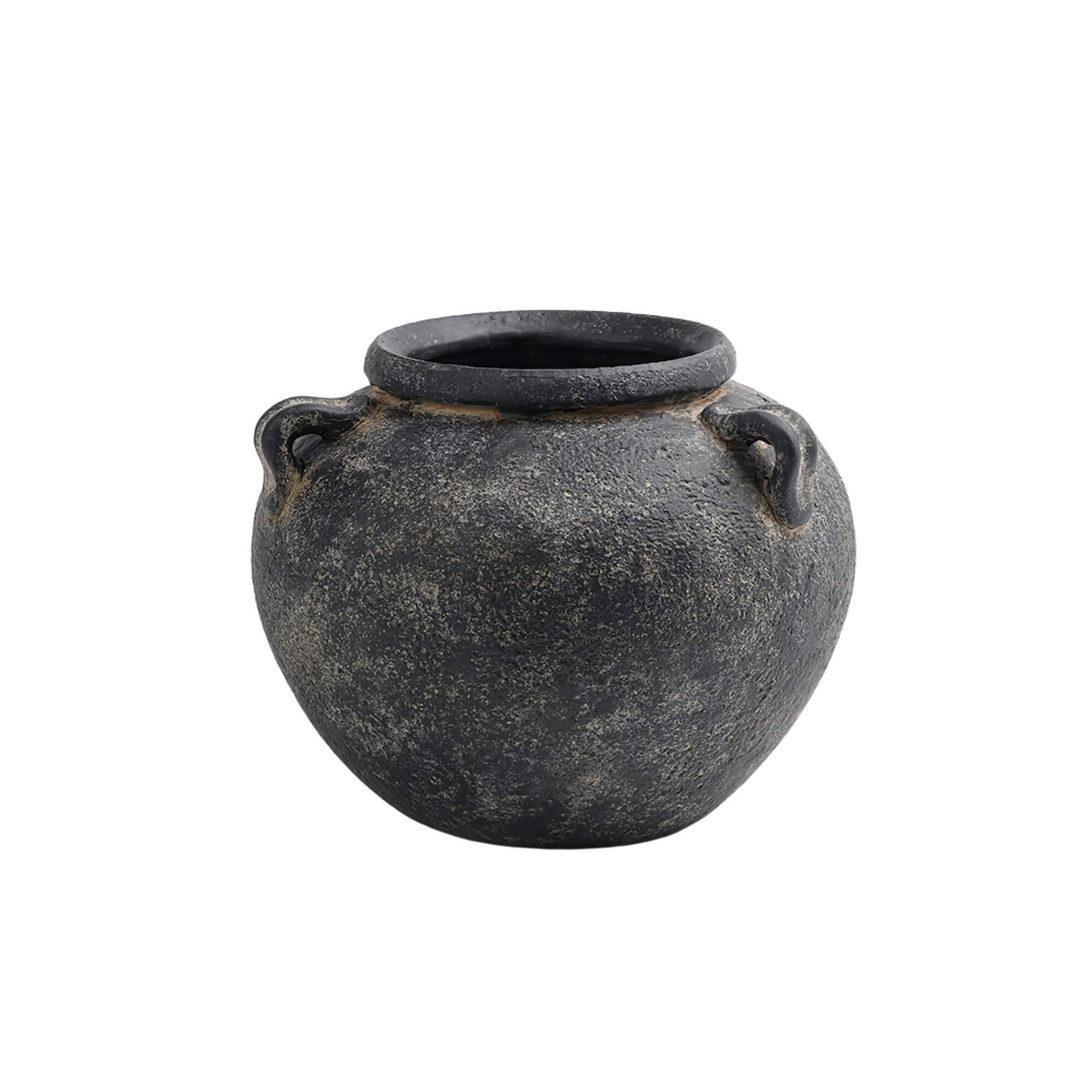 VASE EN TERRA COTTA NOIR BAS ET ROND AVEC ANSES - BBL