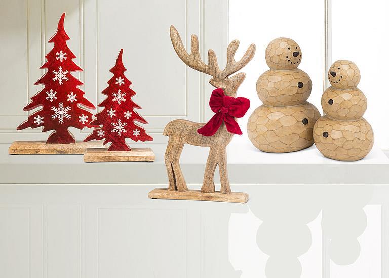 Renne décoratif en bois naturel avec boucle rouge 16'' haut