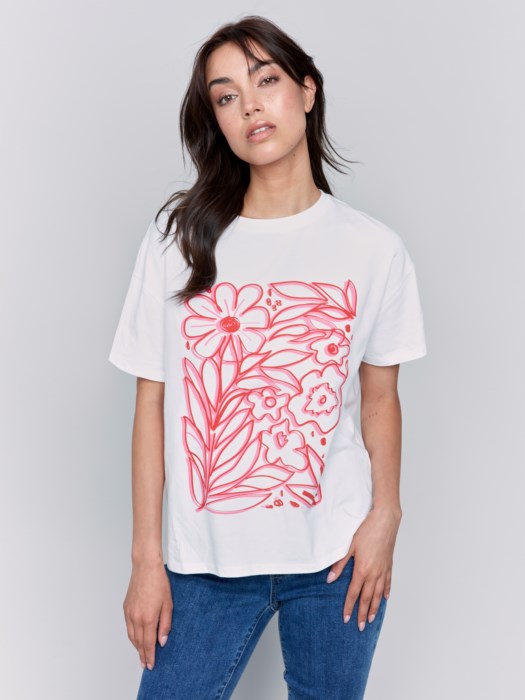 T-shirt imprimé à fleurs roses