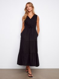 Robe Noire longue en lin à col en V - Charlie B