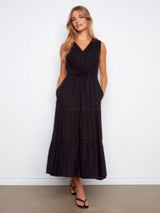 Robe Noire longue en lin à col en V - Charlie B