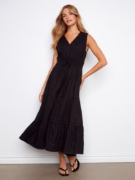 Robe Noire longue en lin à col en V - Charlie B