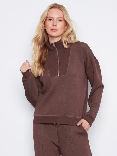 Chandail molletonné espresso chiné à demi-zip - Charlie B