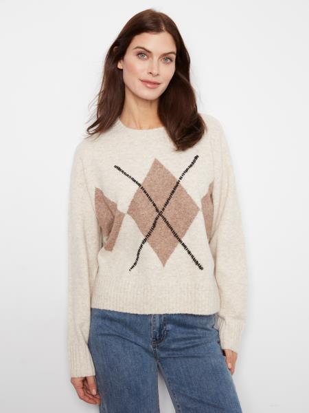 Pull tricot à motif losanges crème et taupe - Charlie B