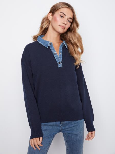 Pull marine à col chemise effet denim