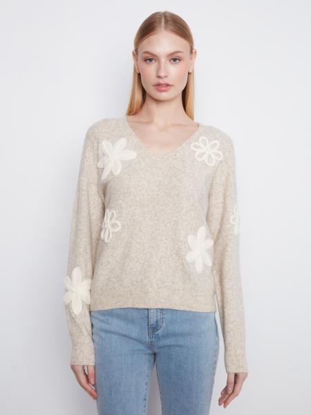 Pull en maille beige chiné à fleurs appliquées - Charlie B
