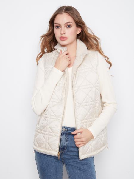 Veste sans manches réversible en matelassé et fausse fourrure beige crème - Charlie B