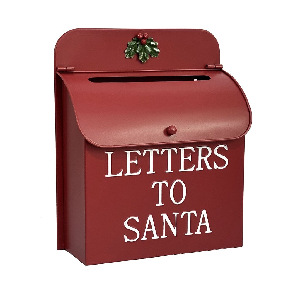 Boîte aux lettres en métal 10 x 12 po rouge et blanc – « Lettres au Père Noël » – Style vintage