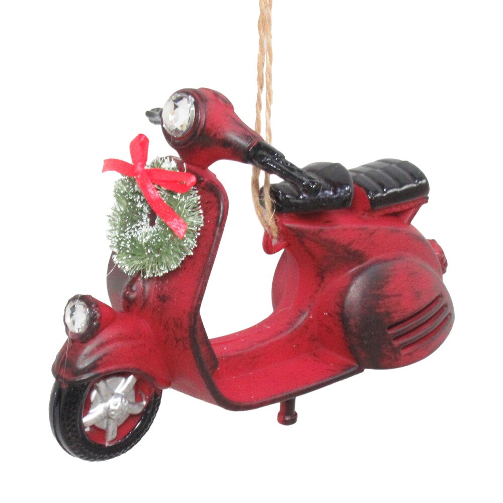 Ornement moto ancienne rouge brossé et noir avec couronne enneigée (4,7 po)